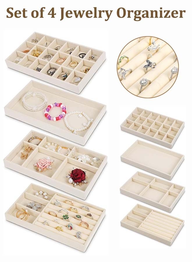 YIM-VIBEHAUS 4Pcs Stackable Jewelry Organizer Trays for Drawers Display Case Storage Container Earring Necklace Rings Bracelet with Removable Dividers Jewelry Box (Beige) - Image 1