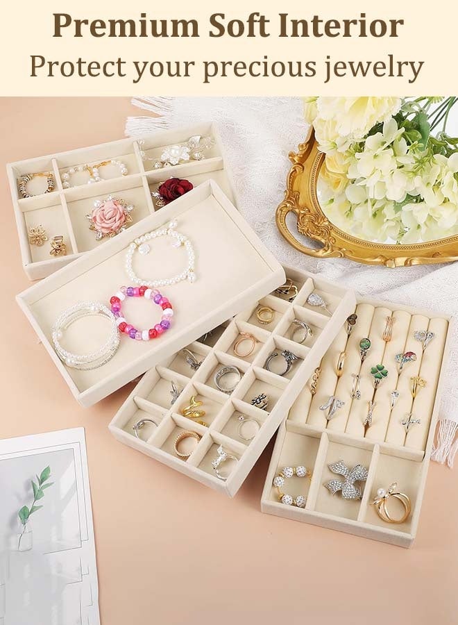 YIM-VIBEHAUS 4Pcs Stackable Jewelry Organizer Trays for Drawers Display Case Storage Container Earring Necklace Rings Bracelet with Removable Dividers Jewelry Box (Beige) - Image 2