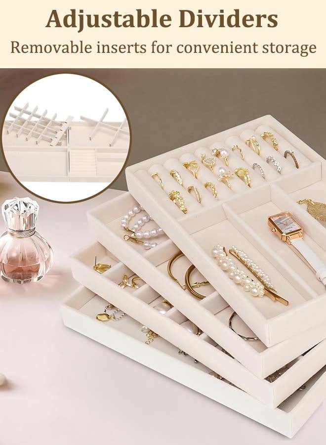 YIM-VIBEHAUS 4Pcs Stackable Jewelry Organizer Trays for Drawers Display Case Storage Container Earring Necklace Rings Bracelet with Removable Dividers Jewelry Box (Beige) - Image 3