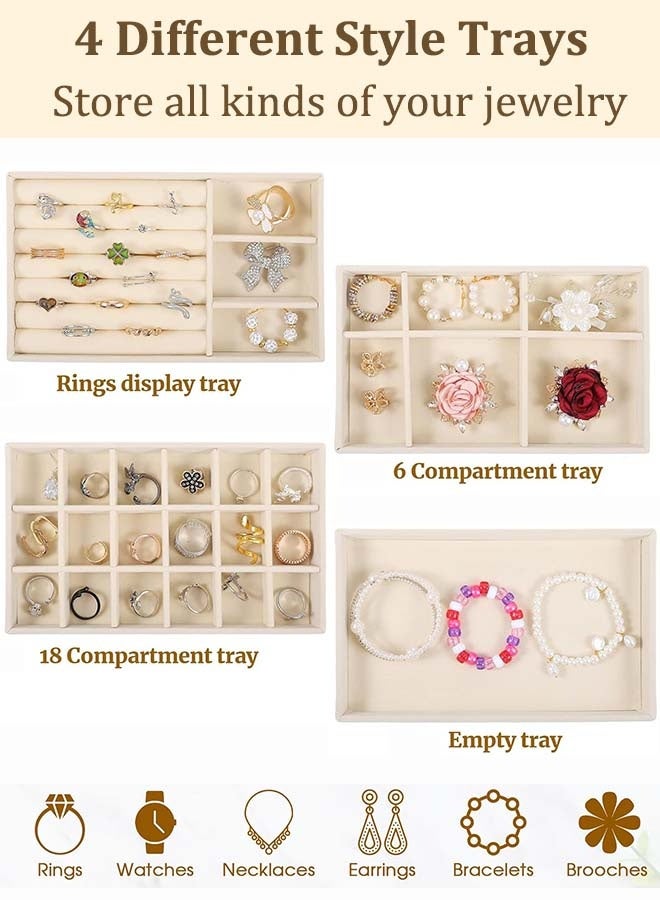 YIM-VIBEHAUS 4Pcs Stackable Jewelry Organizer Trays for Drawers Display Case Storage Container Earring Necklace Rings Bracelet with Removable Dividers Jewelry Box (Beige) - Image 5