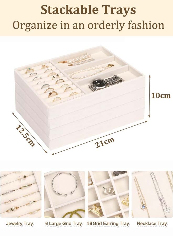 YIM-VIBEHAUS 4Pcs Stackable Jewelry Organizer Trays for Drawers Display Case Storage Container Earring Necklace Rings Bracelet with Removable Dividers Jewelry Box (Beige) - Image 4