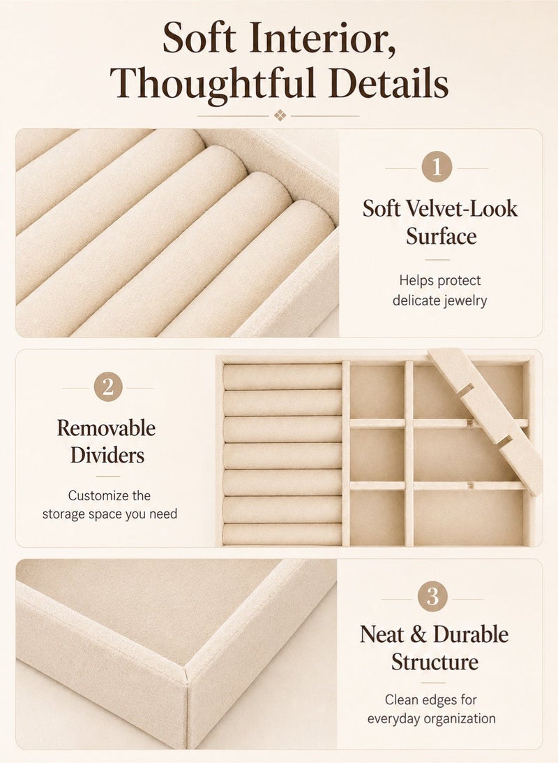 YIM-VIBEHAUS 4Pcs Stackable Jewelry Organizer Trays for Drawers Display Case Storage Container Earring Necklace Rings Bracelet with Removable Dividers Jewelry Box (Beige) - Image 4