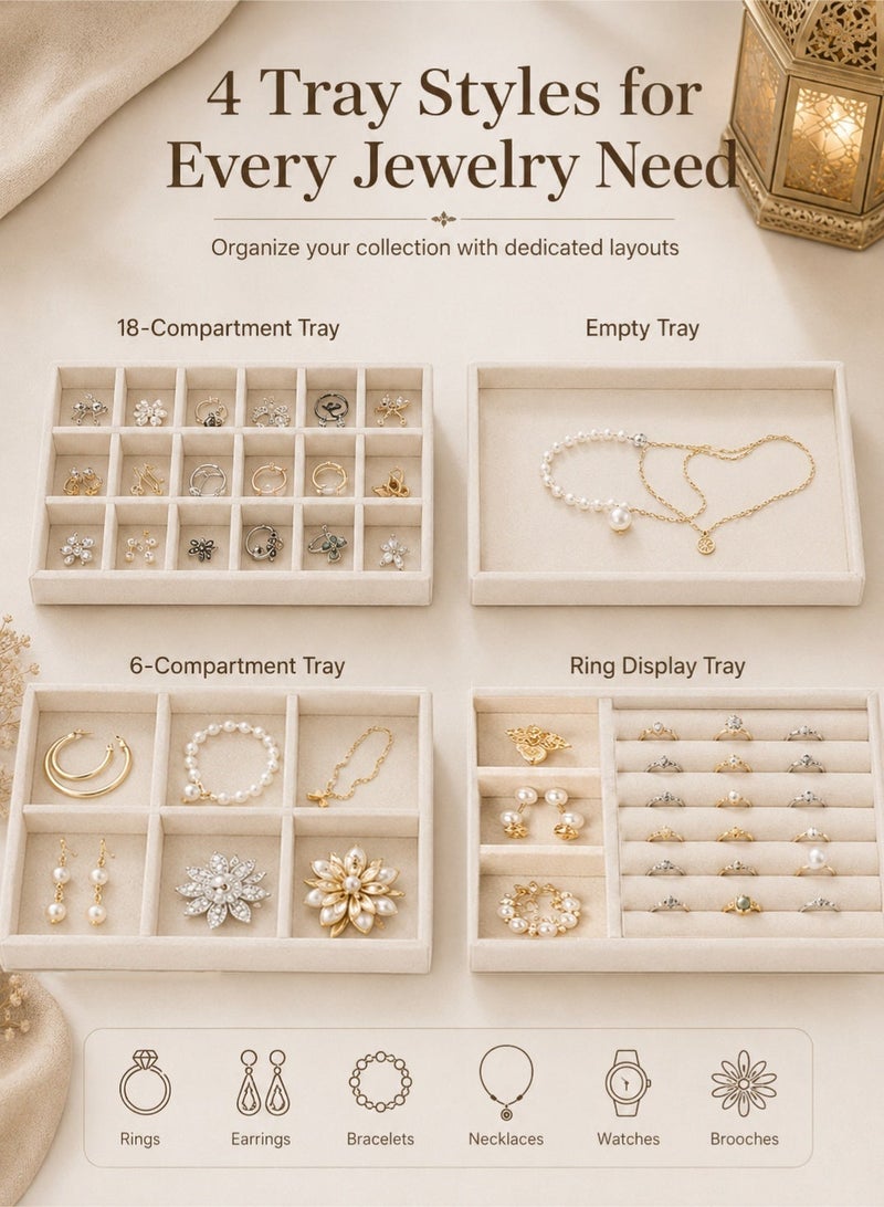 YIM-VIBEHAUS 4Pcs Stackable Jewelry Organizer Trays for Drawers Display Case Storage Container Earring Necklace Rings Bracelet with Removable Dividers Jewelry Box (Beige) - Image 2