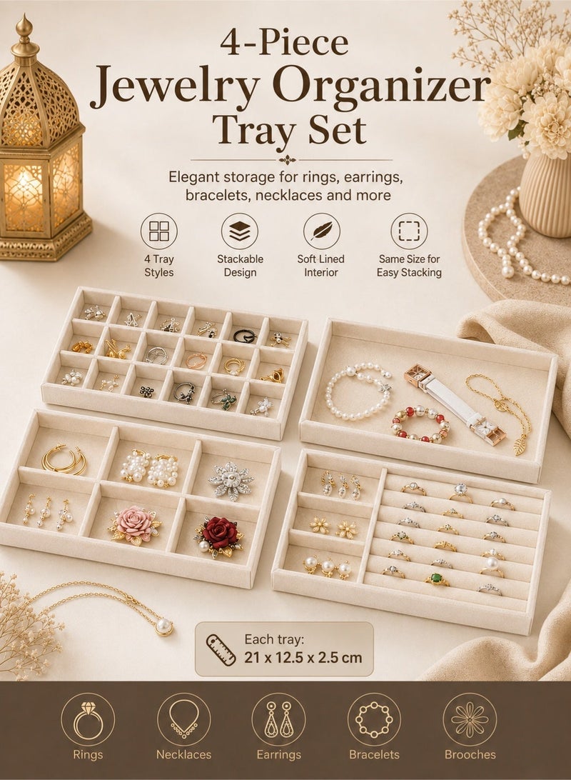 YIM-VIBEHAUS 4Pcs Stackable Jewelry Organizer Trays for Drawers Display Case Storage Container Earring Necklace Rings Bracelet with Removable Dividers Jewelry Box (Beige) - Image 1