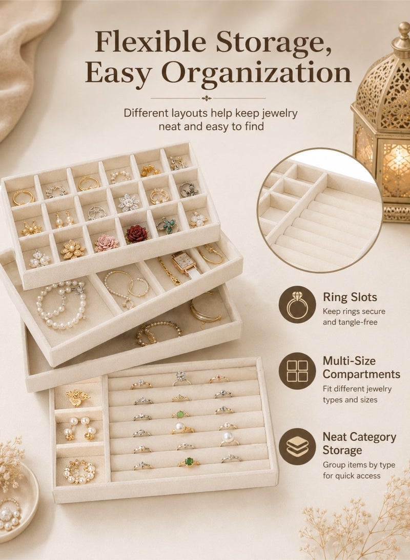 YIM-VIBEHAUS 4Pcs Stackable Jewelry Organizer Trays for Drawers Display Case Storage Container Earring Necklace Rings Bracelet with Removable Dividers Jewelry Box (Beige) - Image 3