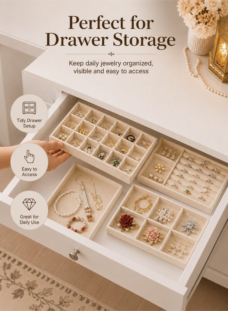 YIM-VIBEHAUS 4Pcs Stackable Jewelry Organizer Trays for Drawers Display Case Storage Container Earring Necklace Rings Bracelet with Removable Dividers Jewelry Box (Beige) - Image 5