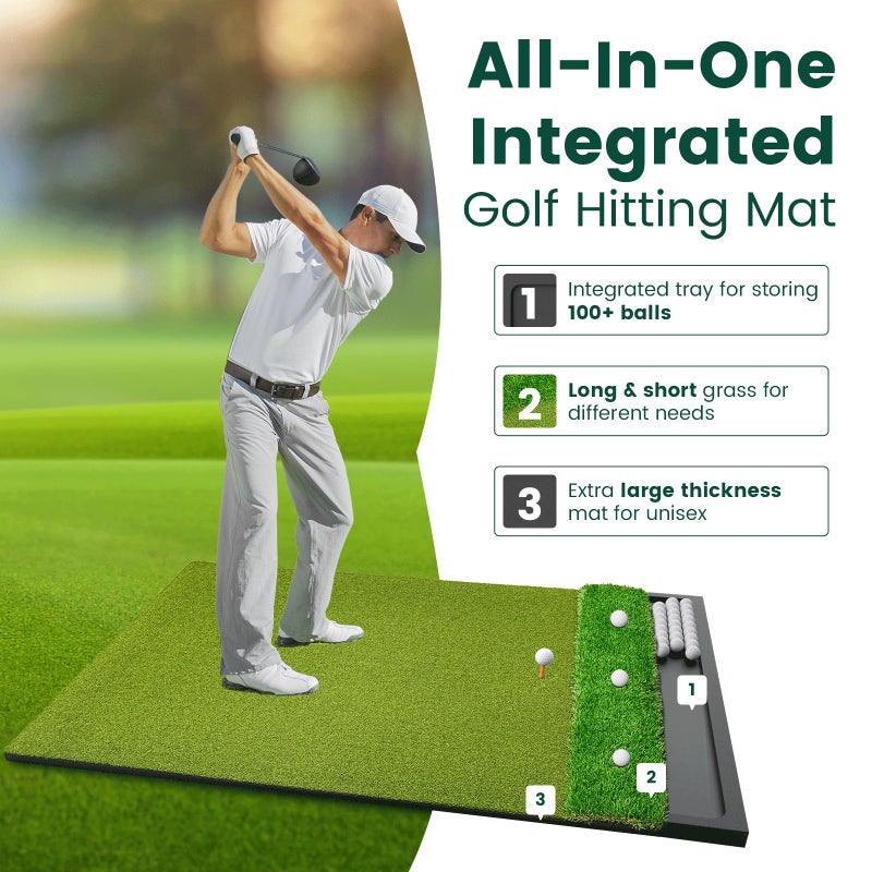 Ponsonbay Golf Hitting Mat with Ball Tray 5x4ft - 6x4ft Dual-Turf Practice Mat for Indoor & Outdoor Use Golf Training Mat with Rubber Tee Holes, Suitable for Swing Driving & Chipping - Image 2