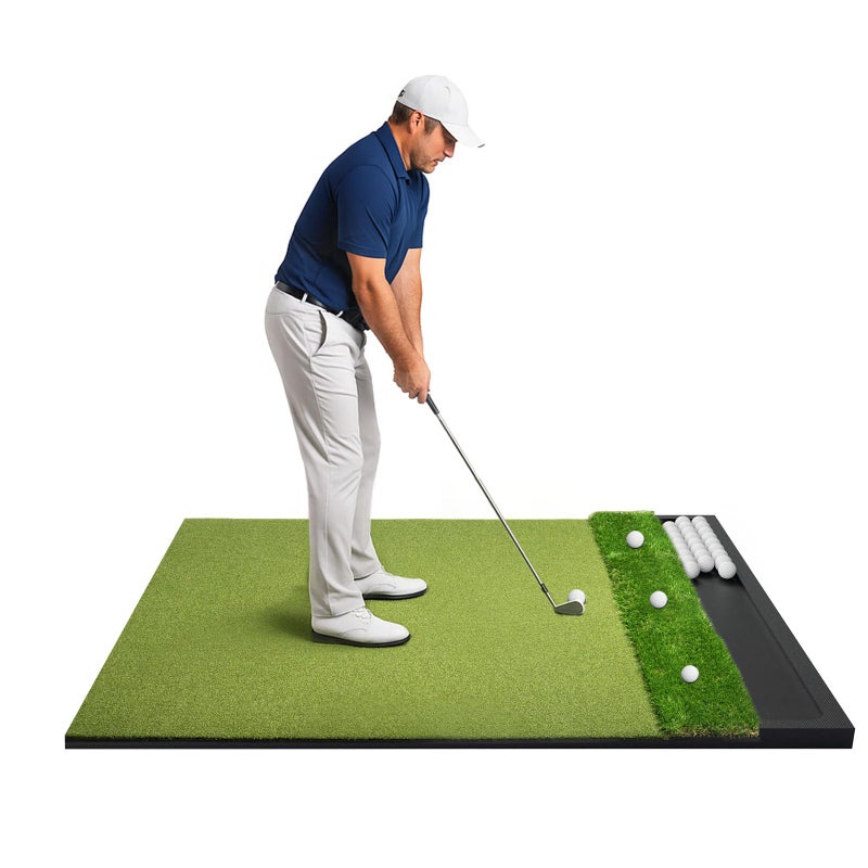 Ponsonbay Golf Hitting Mat with Ball Tray 5x4ft - 6x4ft Dual-Turf Practice Mat for Indoor & Outdoor Use Golf Training Mat with Rubber Tee Holes, Suitable for Swing Driving & Chipping - Image 1