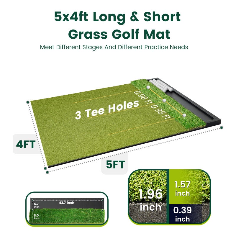 Ponsonbay Golf Hitting Mat with Ball Tray 5x4ft - 6x4ft Dual-Turf Practice Mat for Indoor & Outdoor Use Golf Training Mat with Rubber Tee Holes, Suitable for Swing Driving & Chipping - Image 4