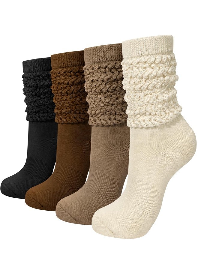 Darller Slouchy Socks for Women 4 Pairs Slouch Long Scrunch Knee High Sock Knit Cotton Boot Tube Socks, Brown Series - Image 1