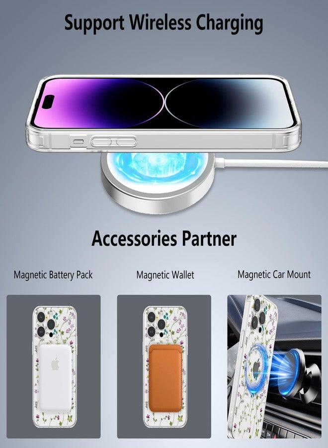 RALEAVO جراب RALEAVO لهاتف iPhone 14 Pro، [متوافق مع Magsafe] جراب حماية مغناطيسي مقاوم للصدمات بنقشة زهور، جراب سيليكون شفاف مضاد للاصفرار لهاتف iPhone 14 Pro بنقشة زهور - Image 5