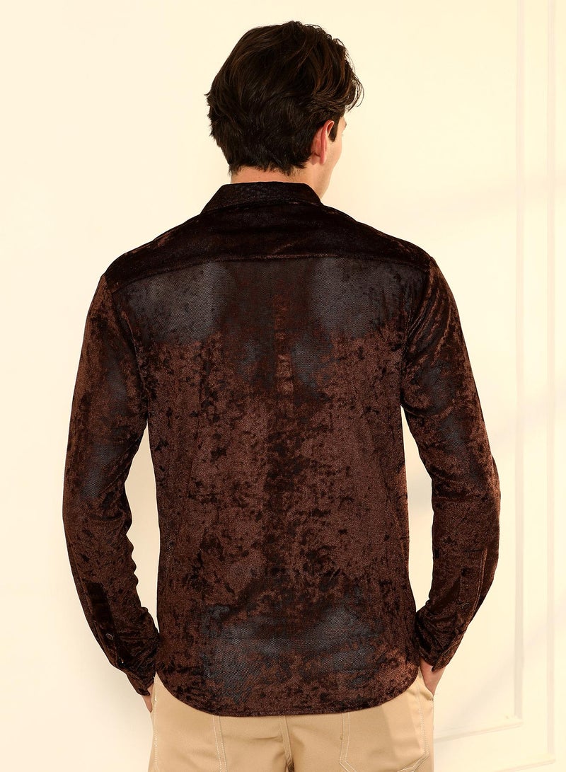 Campus Sutra Campus Sutra Men's Chocolate Brown Solid Velvet Shirt | Slim Fit Full Sleeve Spread Collar Solid Pattern | Velvet Woven Fabric For Club & Casual Wear - Image 5
