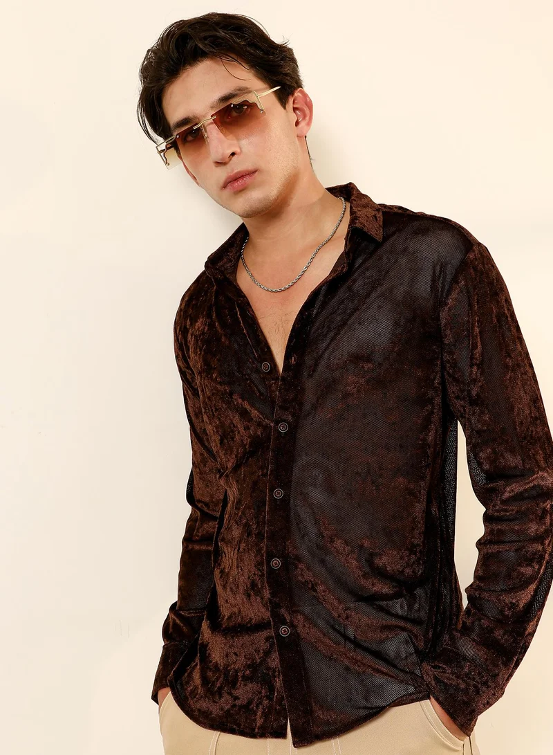 Campus Sutra Campus Sutra Men's Chocolate Brown Solid Velvet Shirt | Slim Fit Full Sleeve Spread Collar Solid Pattern | Velvet Woven Fabric For Club & Casual Wear
