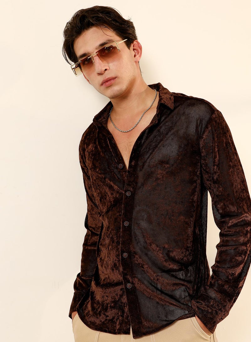 Campus Sutra Campus Sutra Men's Chocolate Brown Solid Velvet Shirt | Slim Fit Full Sleeve Spread Collar Solid Pattern | Velvet Woven Fabric For Club & Casual Wear - Image 1