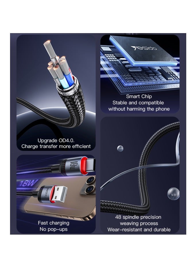 يسيدو كابل بيانات CA129C بطول 1.2 متر من USB إلى Type-C بقوة 18 وات، شحن سريع، مزود بشريحة ذكية مدمجة، مصنوع من سبائك الألومنيوم المضفرة - Image 3