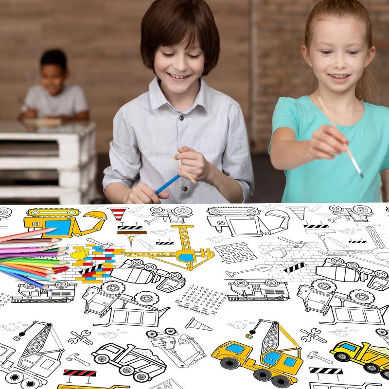 Litmitfu 1 Pack Construction Coloring Table Cloth for Kids - Giant Construction Theme Color-in Paper Poster, Dump Truck Painting Activity Tablecloth for Construction Birthday Party Supplies Favors, 54 x 108 In - Image 2