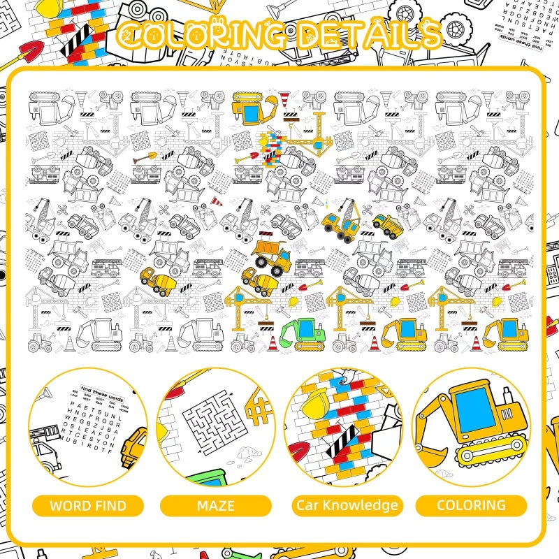 Litmitfu 1 Pack Construction Coloring Table Cloth for Kids - Giant Construction Theme Color-in Paper Poster, Dump Truck Painting Activity Tablecloth for Construction Birthday Party Supplies Favors, 54 x 108 In - Image 4