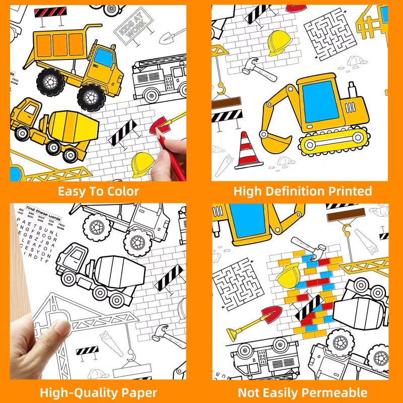 Litmitfu 1 Pack Construction Coloring Table Cloth for Kids - Giant Construction Theme Color-in Paper Poster, Dump Truck Painting Activity Tablecloth for Construction Birthday Party Supplies Favors, 54 x 108 In - Image 5