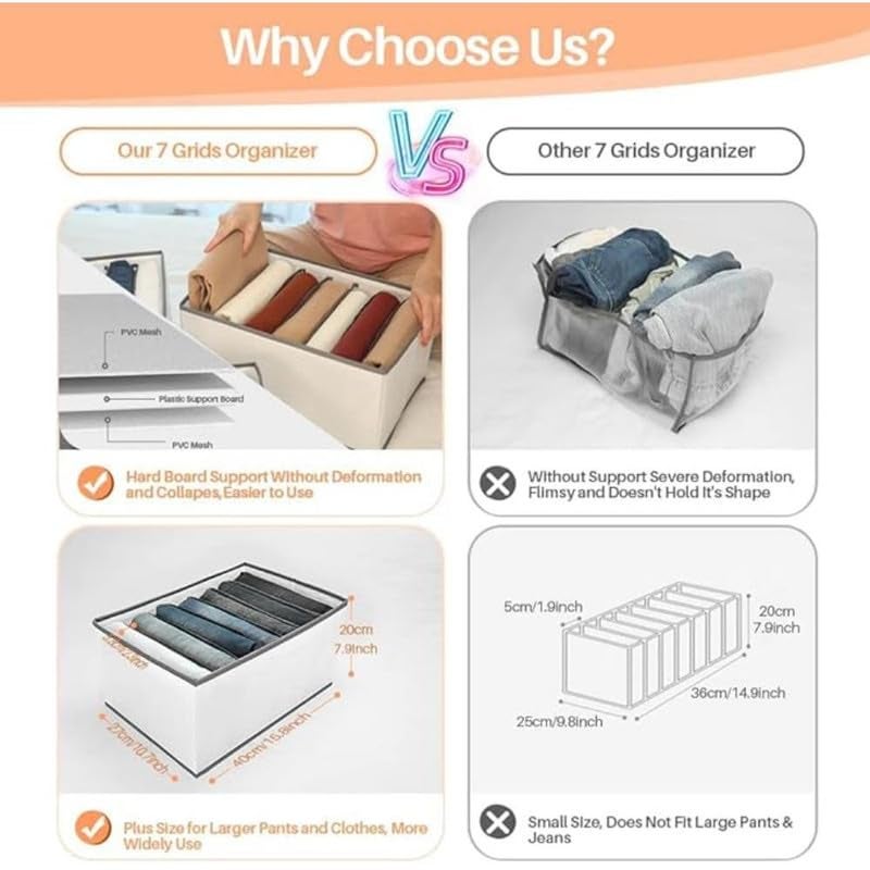 STORE MORE STORE MORE 7 Grids Wardrobe Closet Organizer For Clothes Almirah Drawer Storage Organisers Foldable and Stackable Jeans Sweater Dresses TShirts Organizer Box White Pack of 3  - Image 4