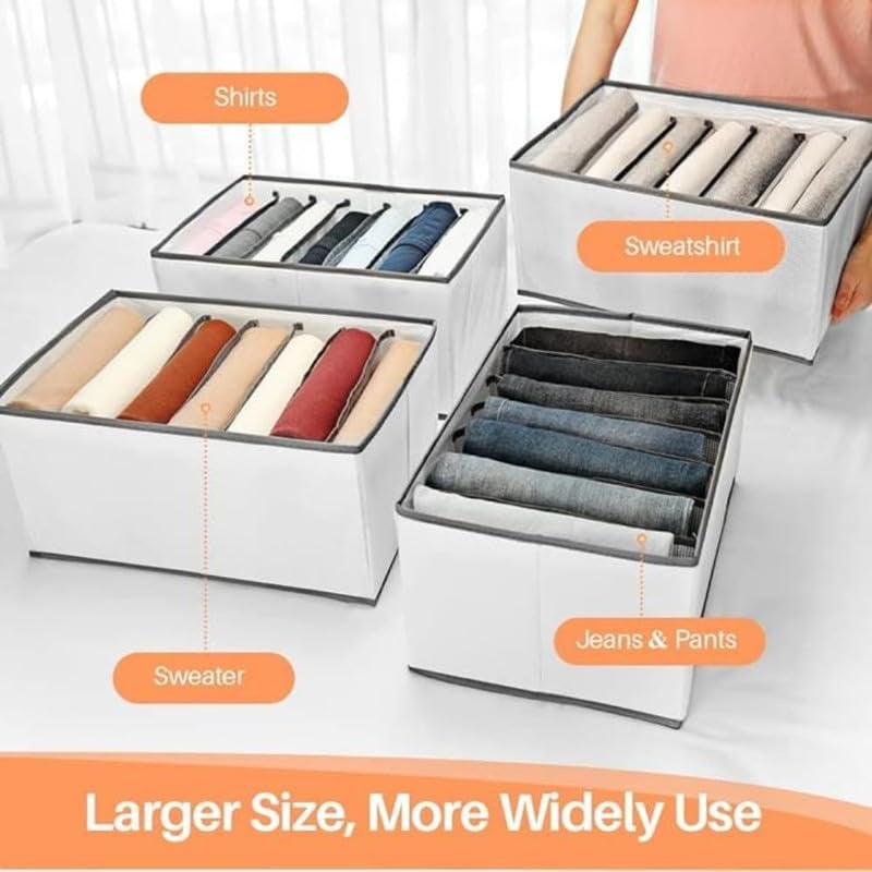 STORE MORE STORE MORE 7 Grids Wardrobe Closet Organizer For Clothes Almirah Drawer Storage Organisers Foldable and Stackable Jeans Sweater Dresses TShirts Organizer Box White Pack of 3  - Image 3