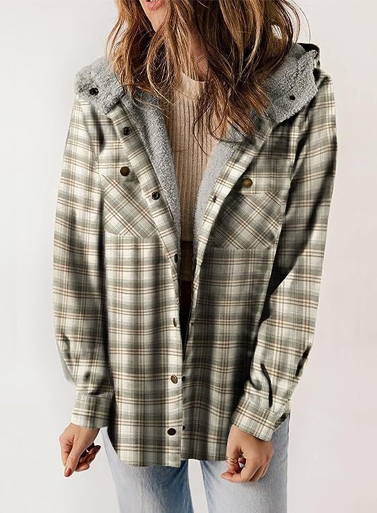 Womens Plaid Wool Hooded Jacket Long Sleeve Winter Coat Matcha 