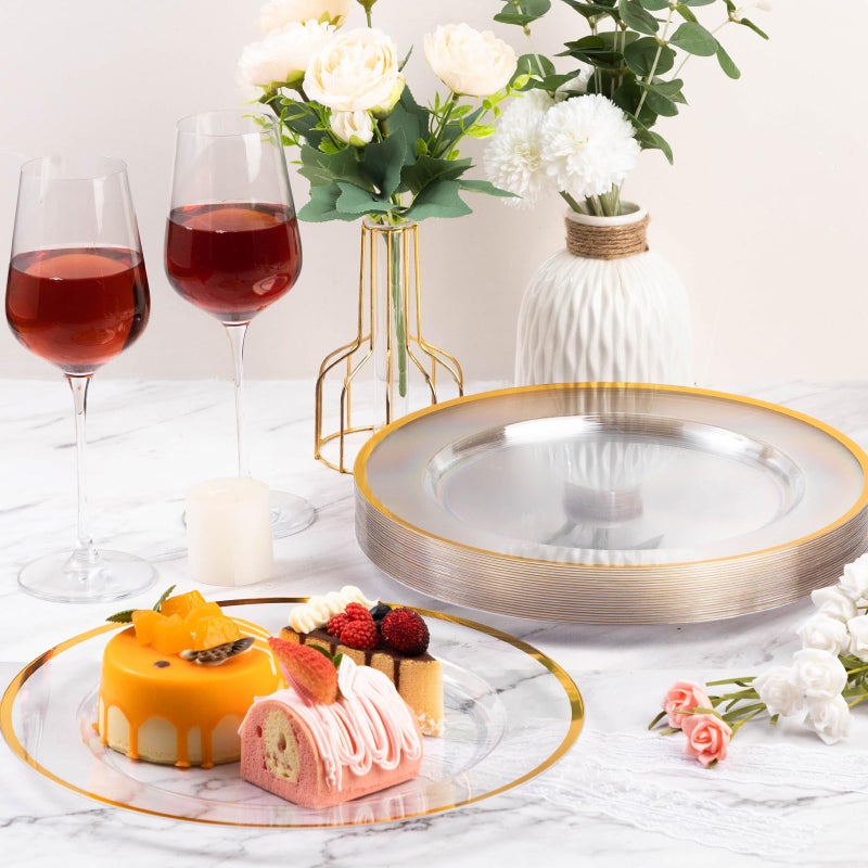 Goodluck 12 Inch Disposable Charger Plates Plastic, 100 Pack Plastic Clear Charger with Gold Rim, Gold Charger Plates for Dinner, Wedding, Party - Image 3