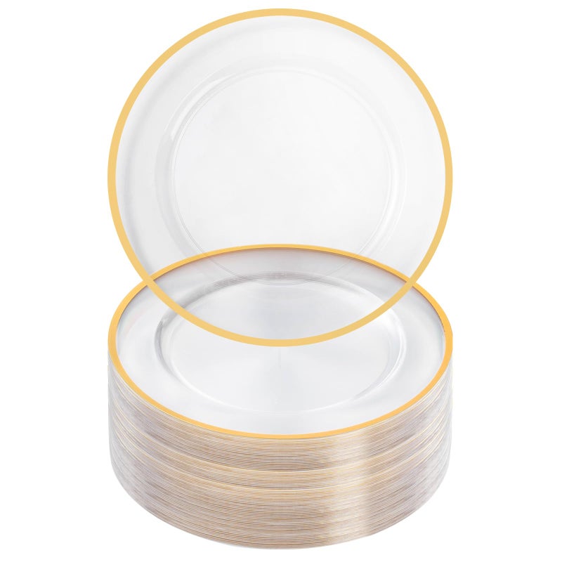 Goodluck 12 Inch Disposable Charger Plates Plastic, 100 Pack Plastic Clear Charger with Gold Rim, Gold Charger Plates for Dinner, Wedding, Party - Image 1