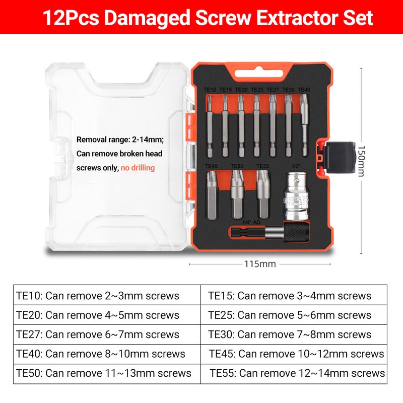 12Pcs Damaged Screw Extractor Set, Remover for Stripped Head Screws Nuts & Bolts Drill Bit Tools for Easy Removal of Rusty & Broken Hardware Can Not Drill Hole - Image 2