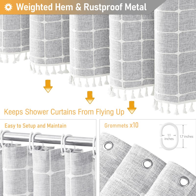 BTTN Gray Stall Shower Curtain - 60 x 72 Inch Narrow Boho Farmhouse Linen Vintage Fabric Shower Curtain Set with 10 Hooks  Bohemian Country Decorative Heavy Duty Shower Curtains for Bathroom - Grey - Image 5