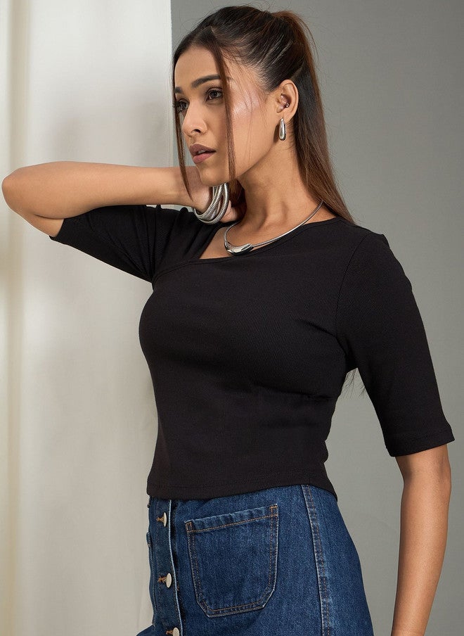 WineRed Black Ribbed V-Neck Short Sleeve Regular Top - Image 2