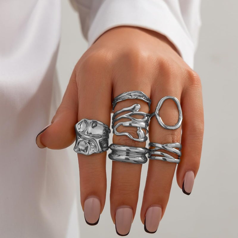 ANGLEQUEEN Gold Chunky Rings Set for Women Open Stacking Knuckle Ring Silver Adjustable Round Dome Rings Set Minimalist Irregular Statement Women Ring Jewelry (Silver5) - Image 3