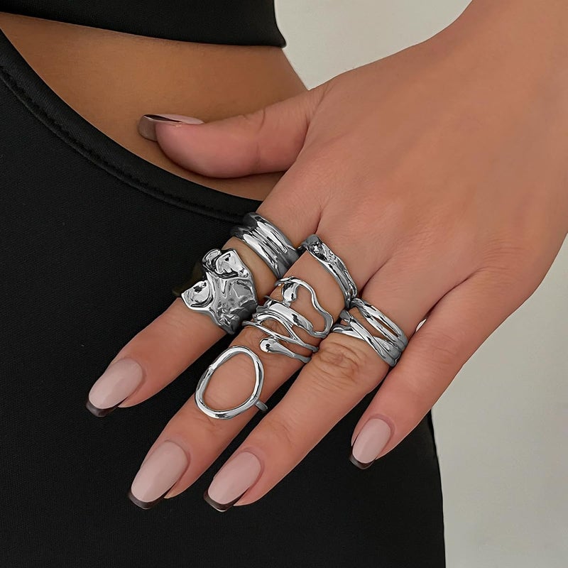 ANGLEQUEEN Gold Chunky Rings Set for Women Open Stacking Knuckle Ring Silver Adjustable Round Dome Rings Set Minimalist Irregular Statement Women Ring Jewelry (Silver5) - Image 2