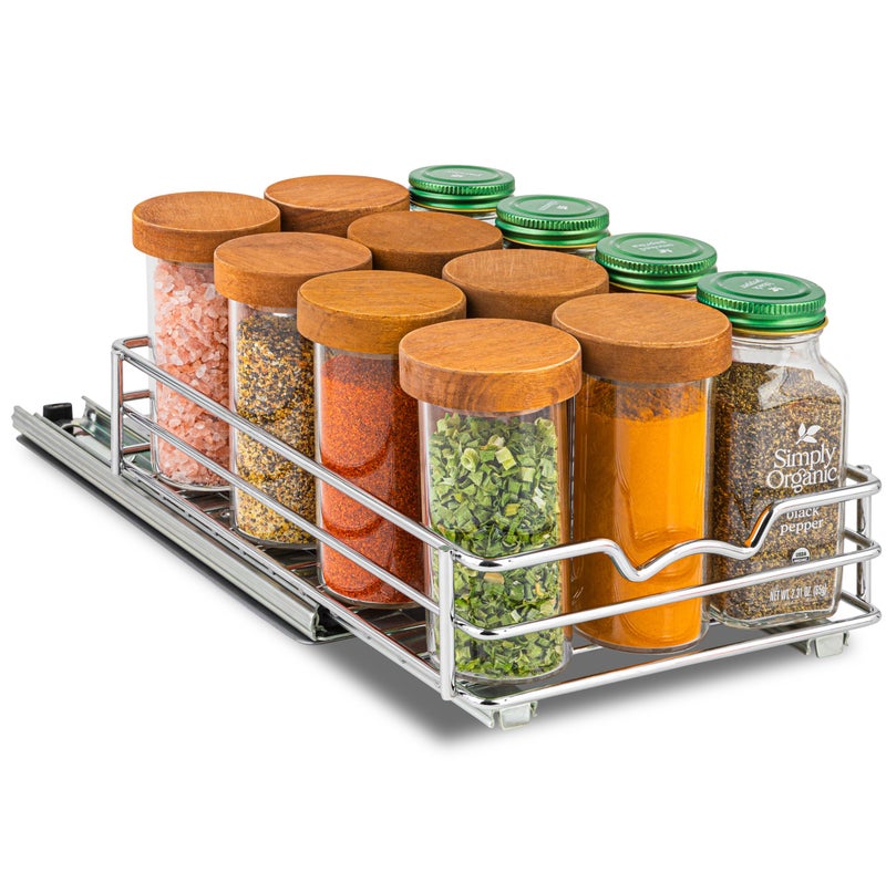 Pull Out Cabinet Organizer for Spices Cans Heavy Duty with Lifetime Limited Warranty Pull Out Spice Rack Cabinet Pull Out Shelf for CansDishes Etc 612 W x 1012D x 234H Chrome