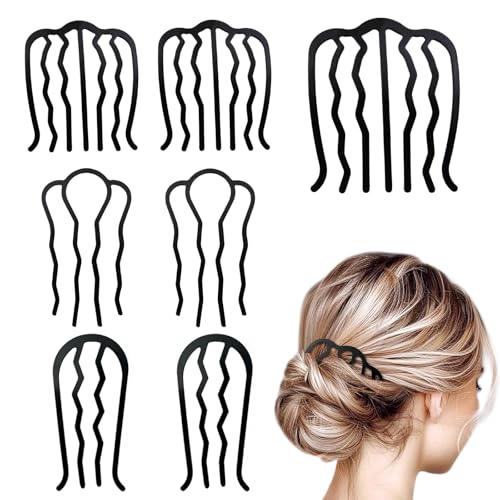 Obtheleg 7pcs Metal Hair Side Combs, 4/7 Teeth U-Shape Twist Combs, Fork Clip Pins Sticks for Women, French Twist Updo and Bun Vintage Hairstyle, Hair Styling Tool Accessories (Black) - Image 1