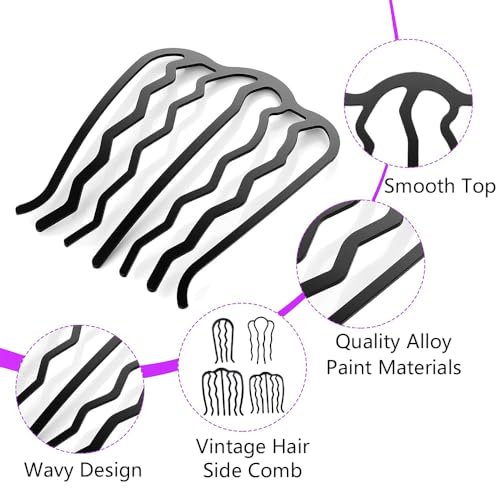 Obtheleg 7pcs Metal Hair Side Combs, 4/7 Teeth U-Shape Twist Combs, Fork Clip Pins Sticks for Women, French Twist Updo and Bun Vintage Hairstyle, Hair Styling Tool Accessories (Black) - Image 3