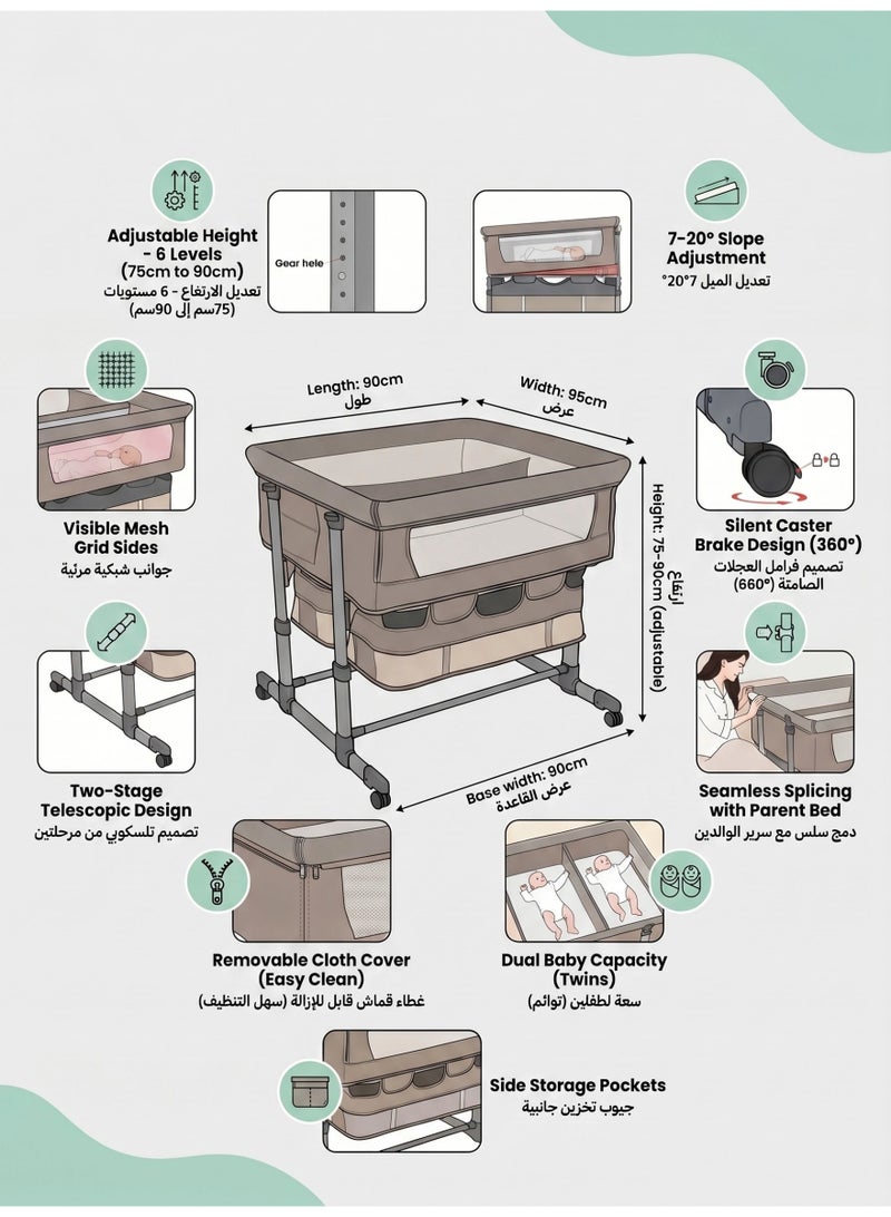 Nivorra Dual Baby Bassinet for Twins, 6-Level Adjustable Height, 7-20° Anti-Reflux Slope, Breathable Mesh & Silent 360° Lockable Wheels - Image 2