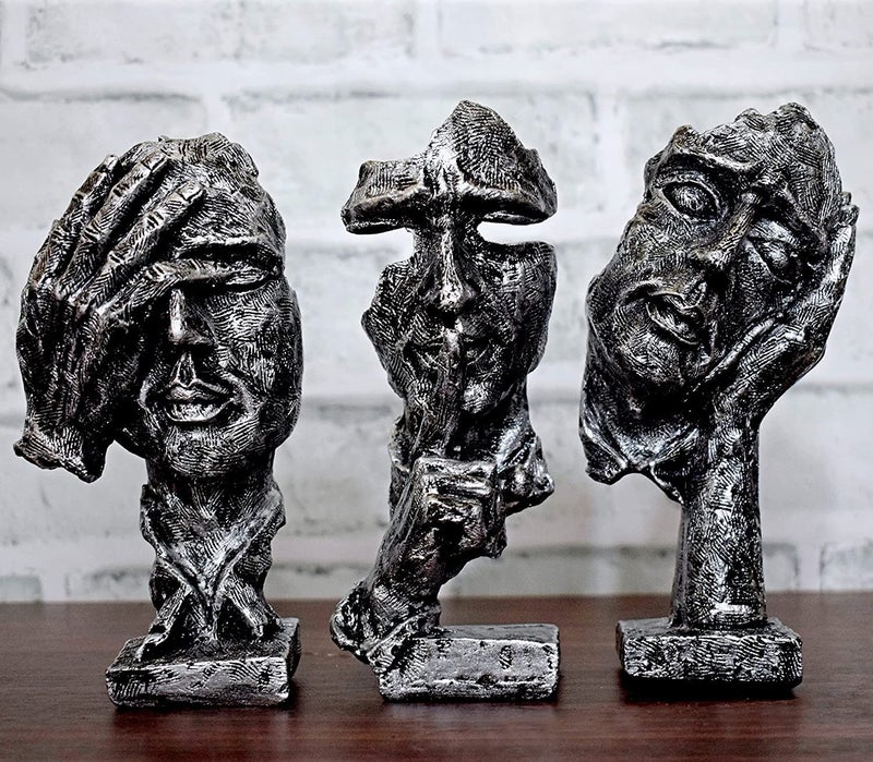 DEQUERA Resin Human Face With Hand On His Mouth Showpiece With Base For Home Decor | Decorative Items For Room | Home Decoration Items | Table Decoration Items, 10 Centimeters, 10 CM, Silver - Image 1
