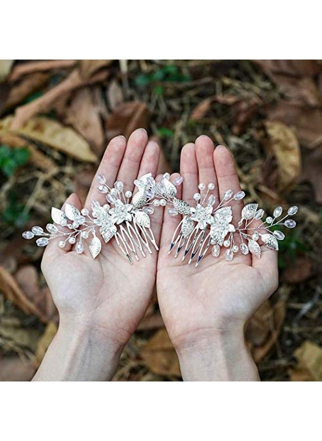 Aukmla - Leaf Bride Wedding Hair Comb Flower Bridal Hair Pieces Rhinestones Side Comb Hair Accessories For Women And Girls (Pack Of 2) (Silver) - Image 1