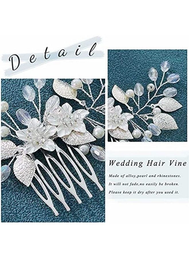 Aukmla - Leaf Bride Wedding Hair Comb Flower Bridal Hair Pieces Rhinestones Side Comb Hair Accessories For Women And Girls (Pack Of 2) (Silver) - Image 1