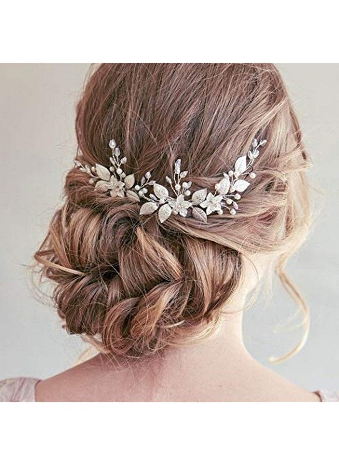 Aukmla - Leaf Bride Wedding Hair Comb Flower Bridal Hair Pieces Rhinestones Side Comb Hair Accessories For Women And Girls (Pack Of 2) (Silver) - Image 1