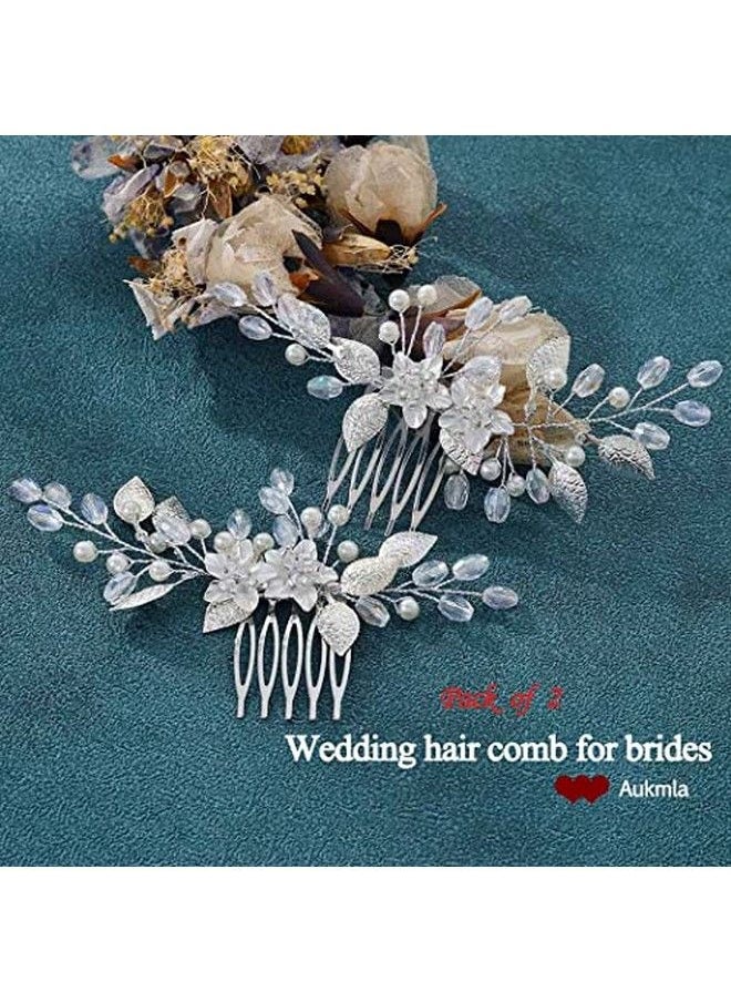 Aukmla - Leaf Bride Wedding Hair Comb Flower Bridal Hair Pieces Rhinestones Side Comb Hair Accessories For Women And Girls (Pack Of 2) (Silver) - Image 1