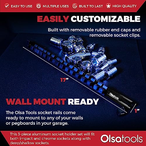 Olsa Tools Socket Organizer Set (3pc, Black) - Socket Holder and Socket Rail for 1/2-Inch, 3/8-Inch, and 1/4-Inch Drive Sockets - Holds 58 Chrome or Impact Sockets - Professional-Grade - Part: 1023 - Image 3