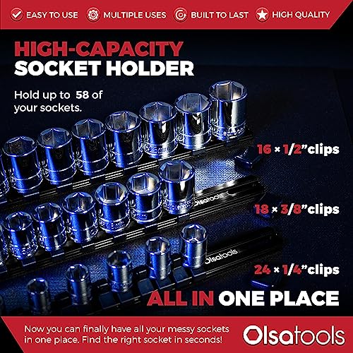 Olsa Tools Socket Organizer Set (3pc, Black) - Socket Holder and Socket Rail for 1/2-Inch, 3/8-Inch, and 1/4-Inch Drive Sockets - Holds 58 Chrome or Impact Sockets - Professional-Grade - Part: 1023 - Image 2
