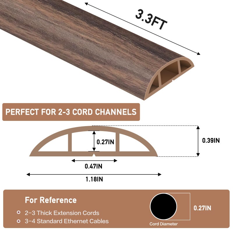 LSGCQ Floor Cord Cover Self Adhesive Cord Hider Floor Extension Cord Covers for Floor Power Cord Protector Cable Management Prevent Cable Trips Cable Cavity 0.47" W x 0.27" H (Smoked Brown Wood, 3.3Ft) - Image 2