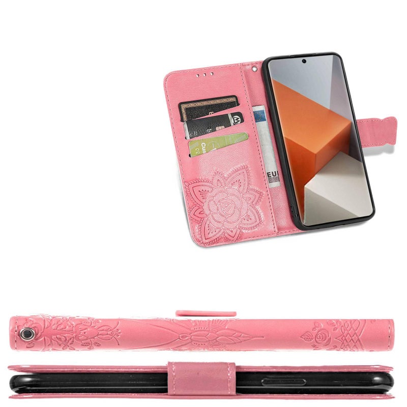 Leather Texture Protective Case for Redmi Note 13 with Kickstand and Full Coverage plus Flip Cover plus Embossed Pattern in Black - Image 4