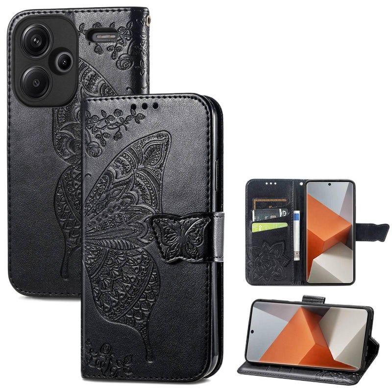 Leather Texture Protective Case for Redmi Note 13 with Kickstand and Full Coverage plus Flip Cover plus Embossed Pattern in Black - Image 1