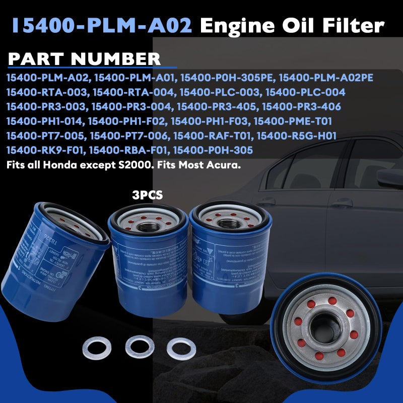 TRSCJXN 3PCS 15400-PLM-A02 Engine Oil Filter 94109-14000 Washers Kit Fit for Honda Acura-Accord CR-V Civic HR-V Pilot Fit CR-Z, Replaces 15400-PLC-003,15400-PLC-004,15400-PLM-A01,15400-RTA-003,15400-RTA-004 - Image 2