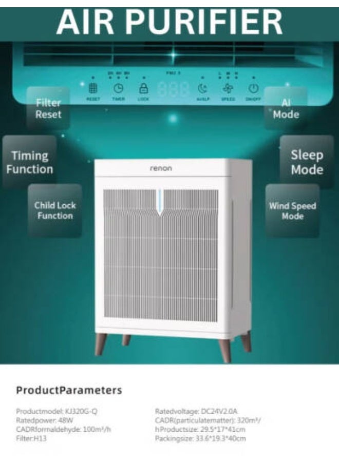 Renon Smart Air Purifier with H13 True HEPA Filter, AI Mode, LED Touch Display, Sleep Timer, Child Lock & Air Quality Monitor for Home & Office | KJ320-Q - Image 4