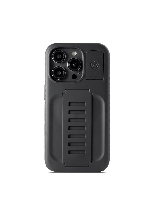 جريب 2 يو غطاء Grip2U BOOST مع حامل مدمج لهاتف iPhone 14 Pro، بلون فحمي، مزود بحزام مدمج لقبضة الإصبع، تصميم نحيف مقاوم للصدمات، حماية من السقوط، متوافق مع الشحن اللاسلكي - Image 1
