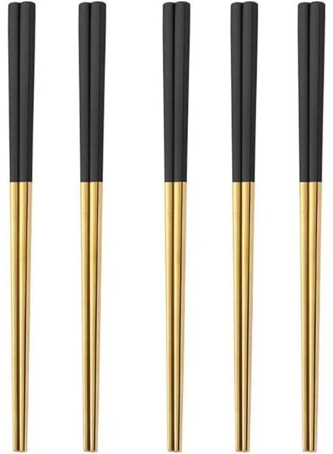 5 Pairs Stainless Steel Chopsticks Set, 304 Metal Reusable, Square Anti-Slip Design, Dishwasher Safe, Lightweight Korean Japanese Chopsticks for Sushi, Noodles, Hot Pot, 23cm – Gold Black - Image 1